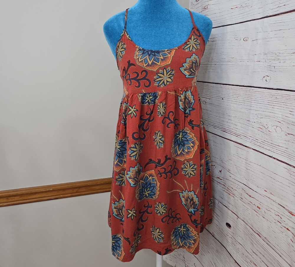 Roxy Boho Floral Midi Dress Spaghetti Strap Rust Orange Size XS